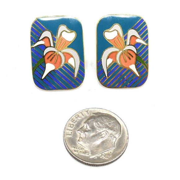 Laurel Burch Gold Plate "Iris" Teal Blue & Orange Enamel Cloisonne, 1980s - Picture 3 of 7